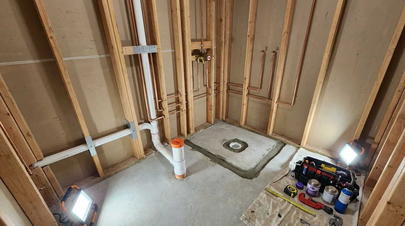 Bathroom rough-in plumbing during remodel by Johns Plumbing LLC in West Valley City