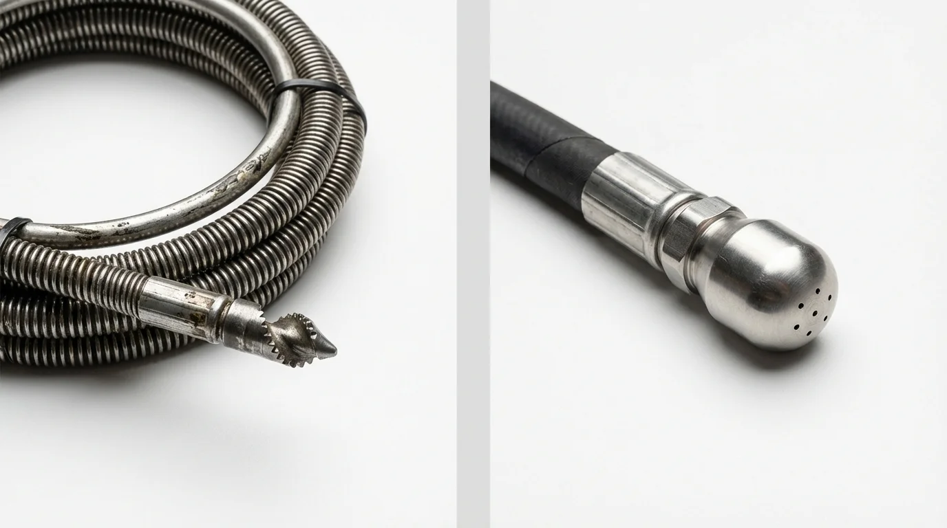 Drain snake cable and hydro jetting nozzle used for drain cleaning in West Valley City, UT