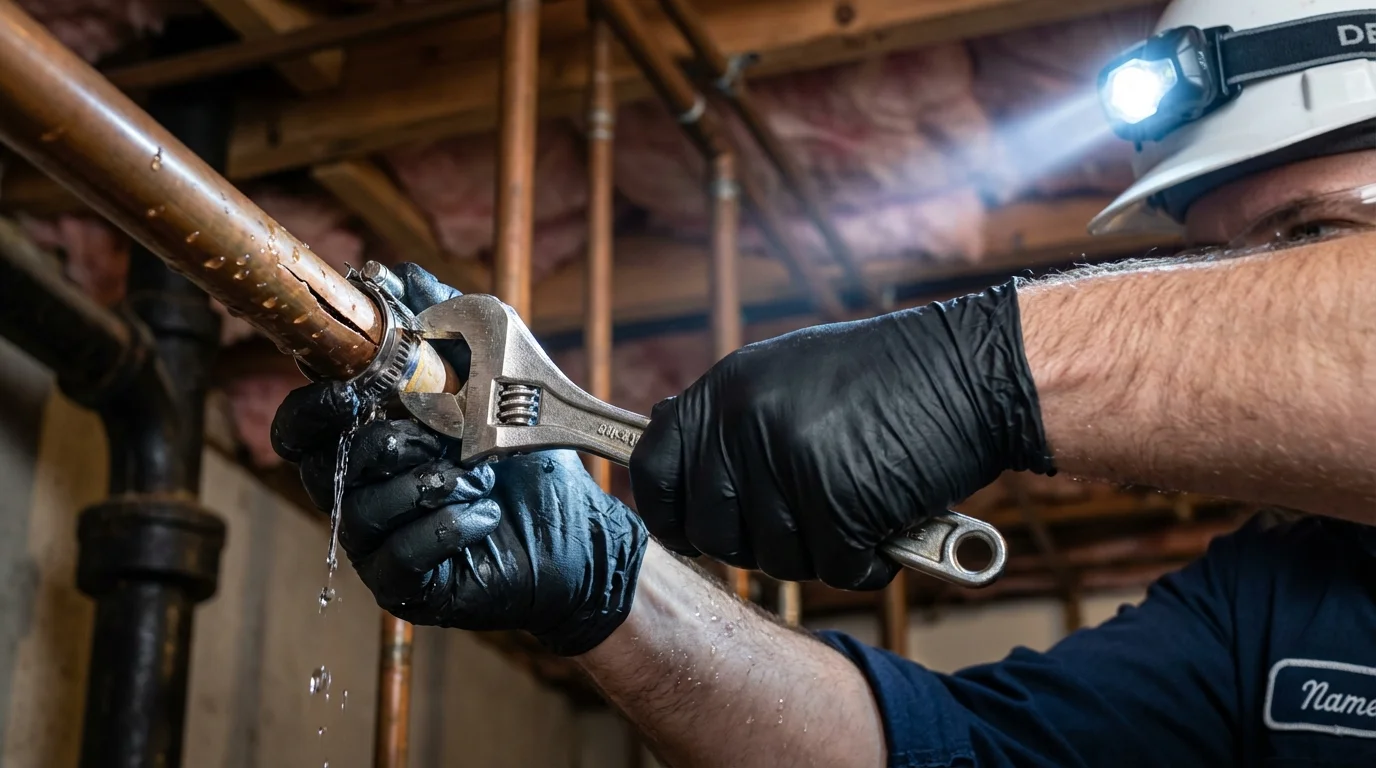 Emergency pipe clamp repair being performed by a Johns Plumbing LLC plumber in West Valley City