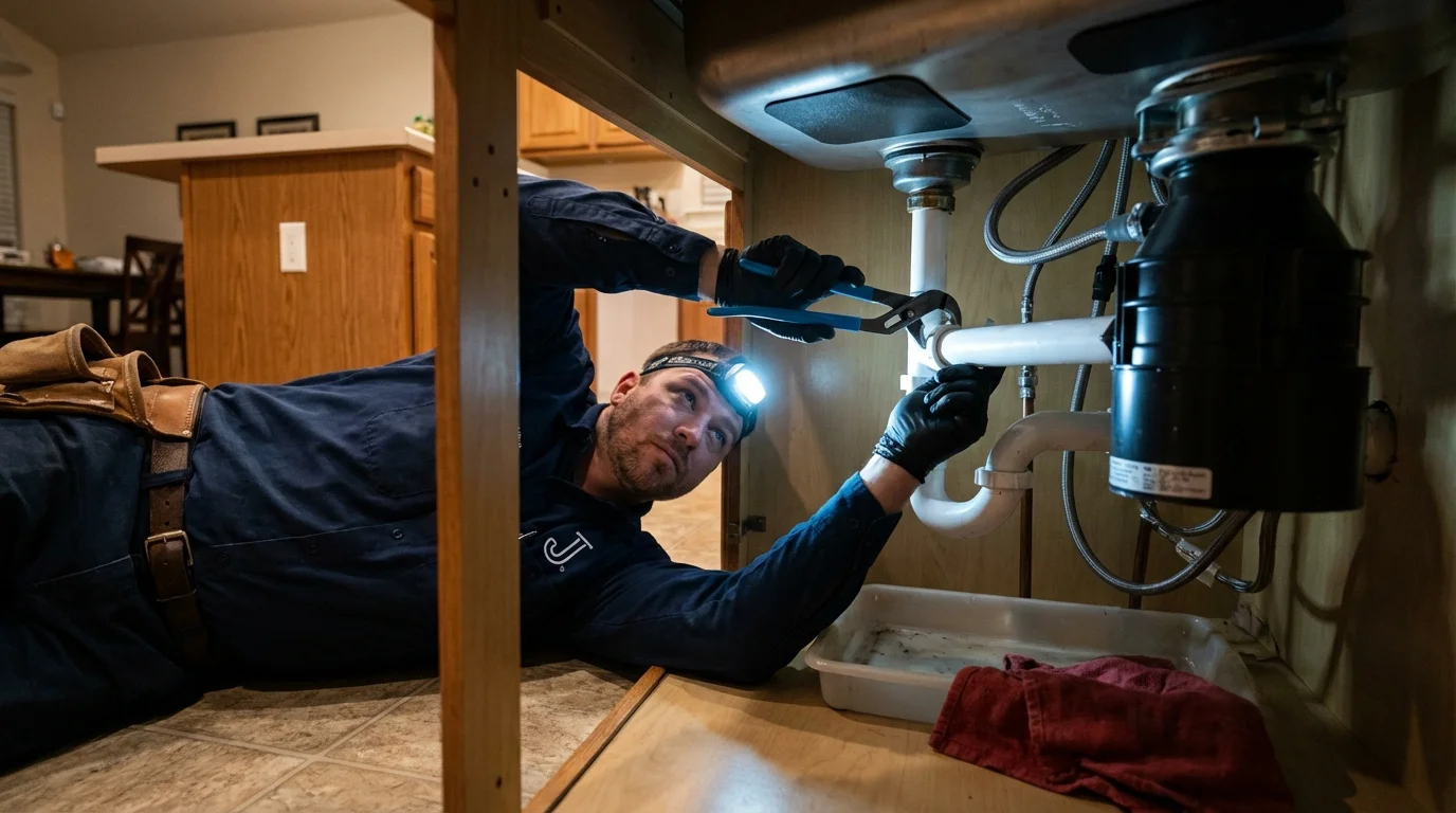P-trap and supply line connections under a kitchen sink showing a common leak point in West Valley City, UT